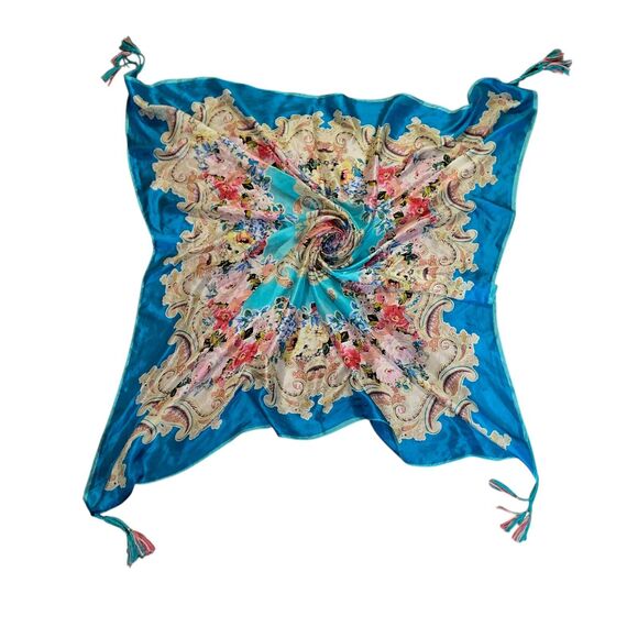 Johnny Was 100% Silk Gorgeous Floral Square Tassled Scarf 42 x 42 - Picture 3 of 8